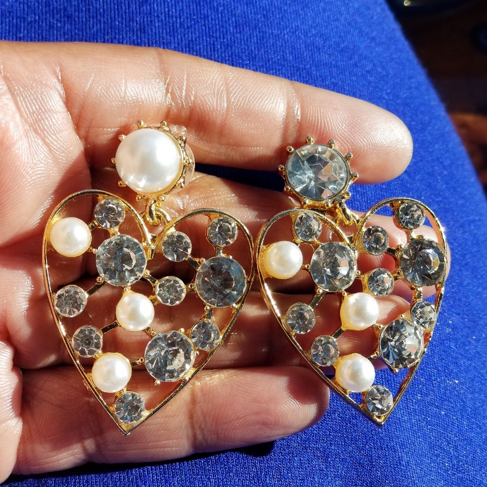 Pearl and gemstone heart shaped geometric earrings
